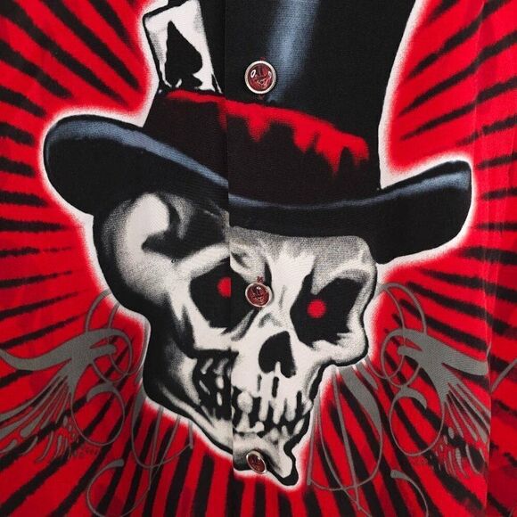 Vintage Dragonfly Roadhouse Shirt Mens Size XL Red Skeleton Skull Top Hat Flames - Picture 3 of 7